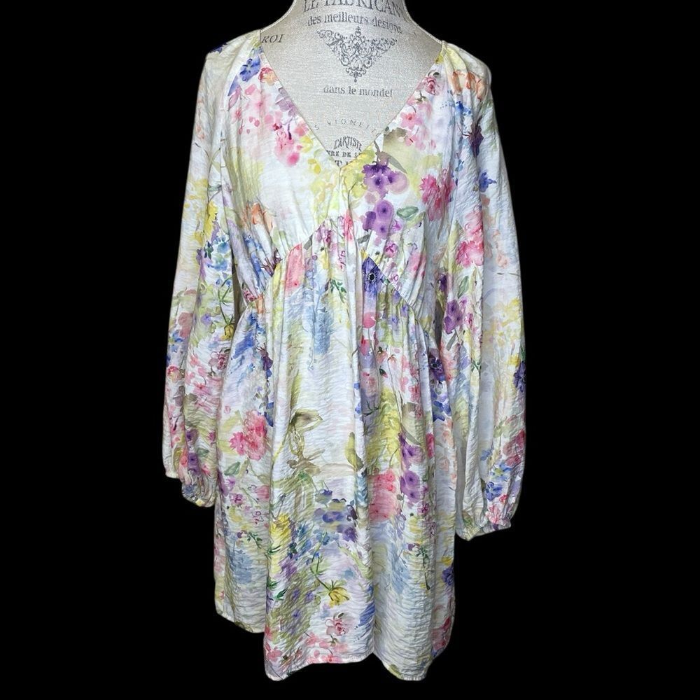 H&M Floral V-Neck A-Line Long Balloon Sleeve Dress White Floral Size Medium